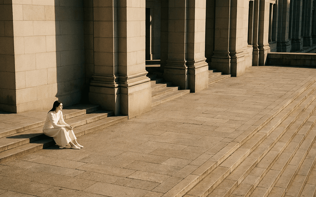 AI-generated KRIZIA campaign concept: flowing fabric and architectural columns.