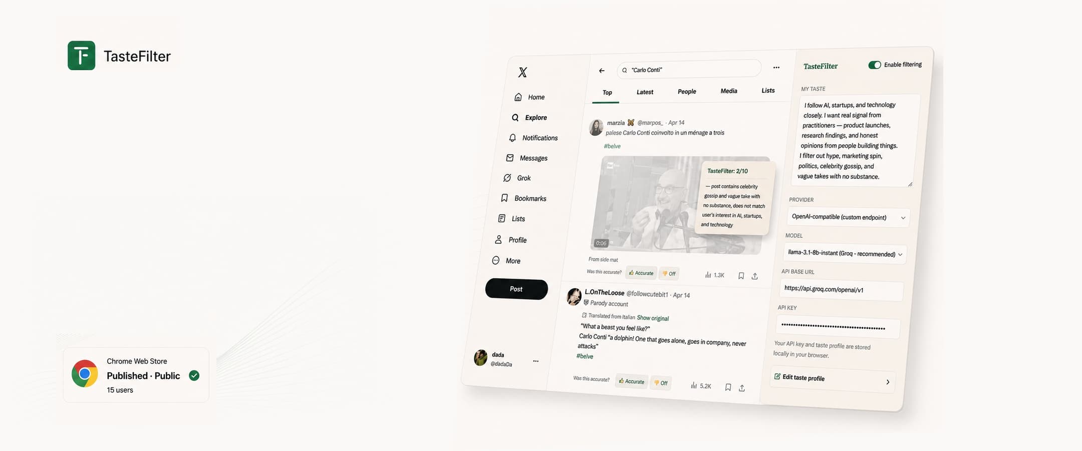 TasteFilter product presentation with its brand, filtering interface and Chrome Web Store publication panel.