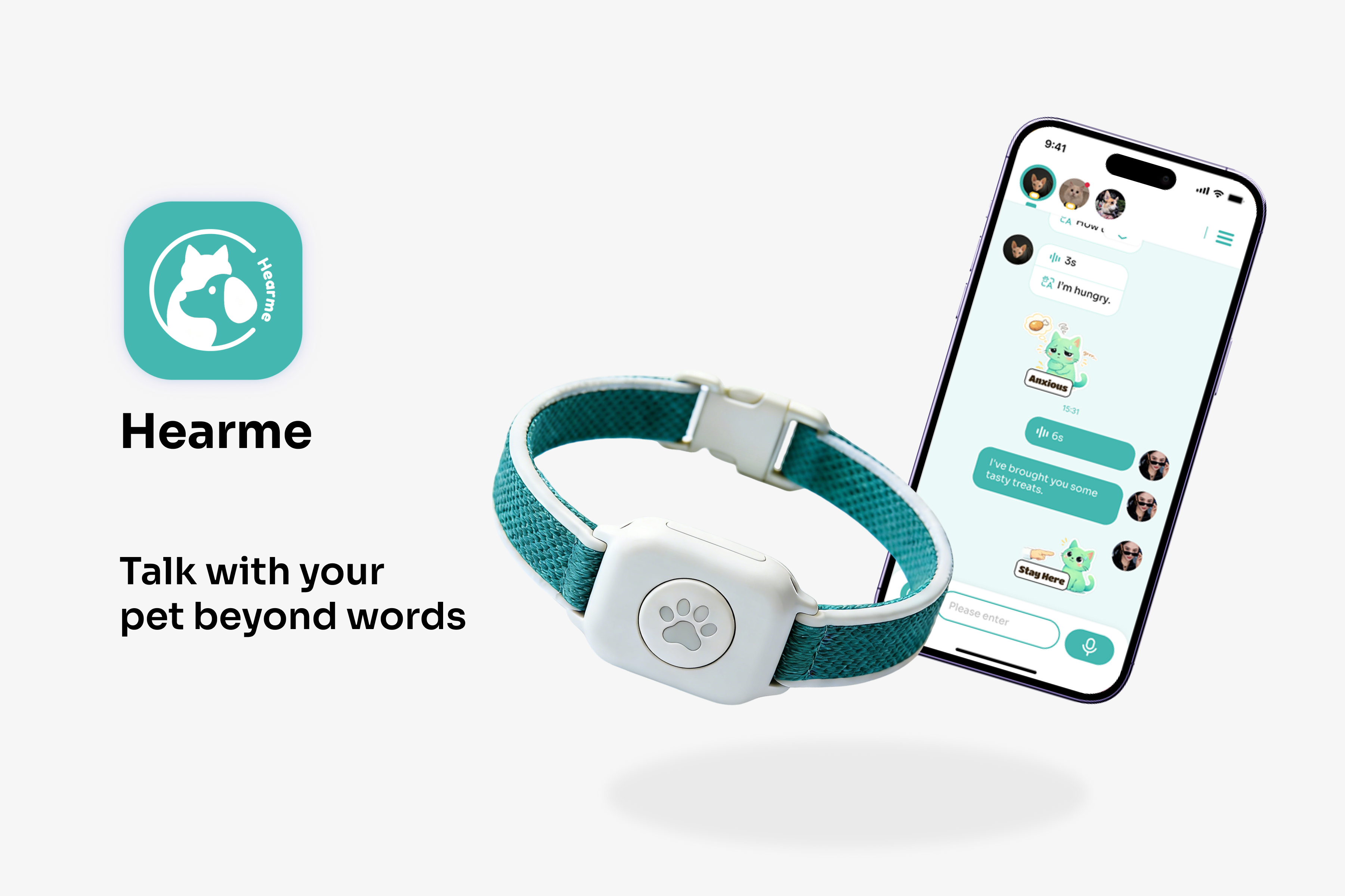 Hearme concept presentation: a teal smart collar alongside the companion app's proposed conversation interface.
