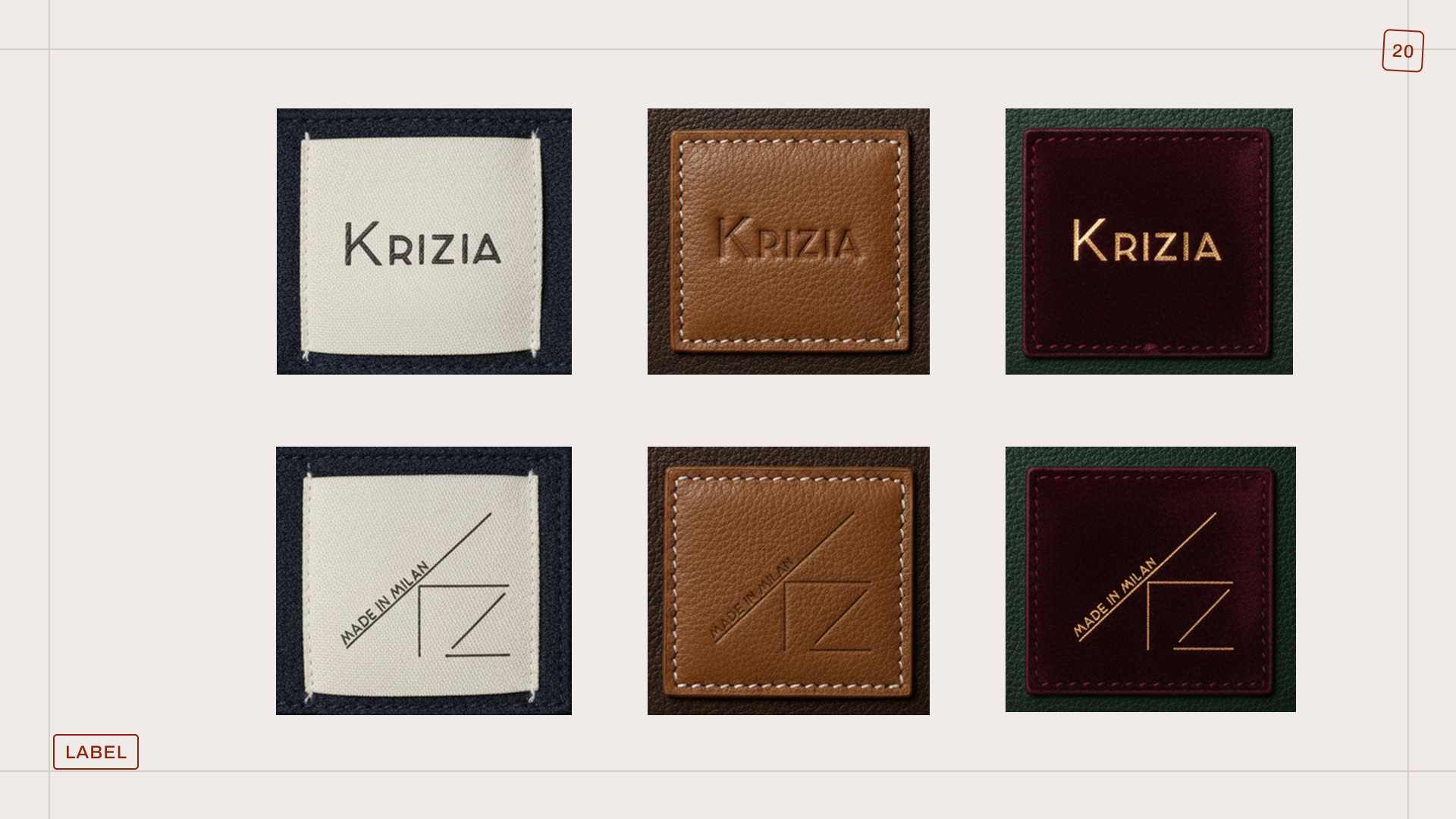 AI-generated woven label concept with Krizia wordmark.