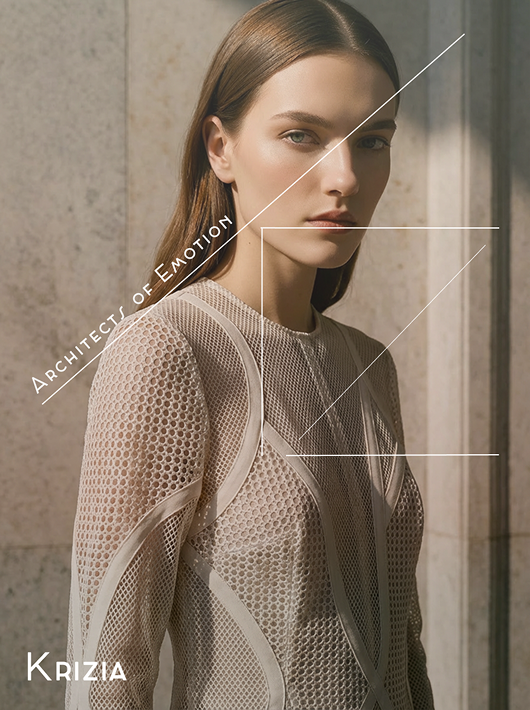 Krizia concept poster: a portrait overlaid with architectural linework.