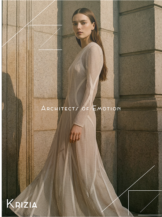 Krizia concept poster: a full-length figure in a sheer dress beside stone architecture.