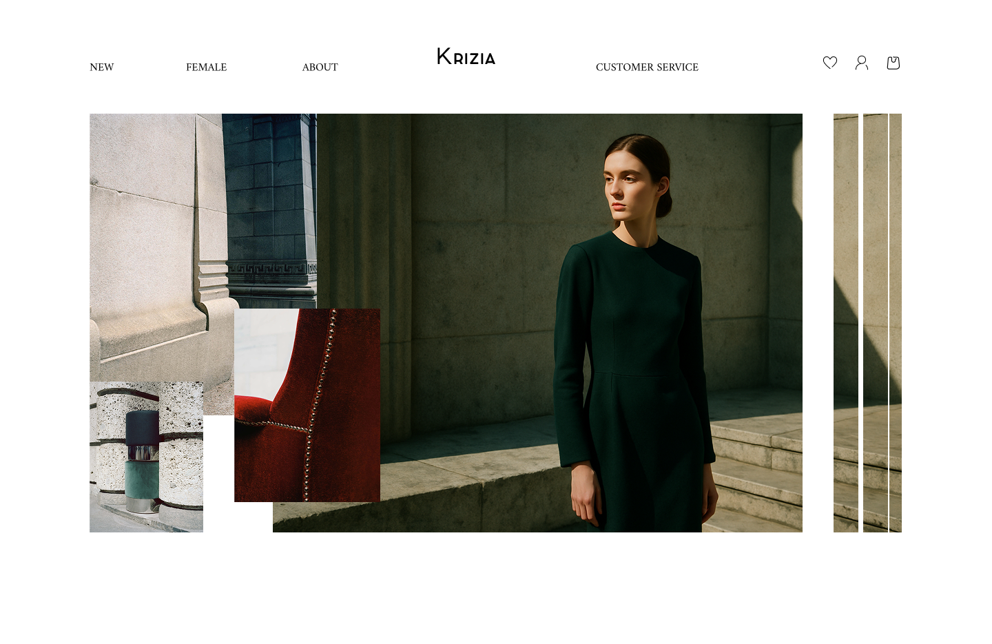 Proposed Krizia homepage with fashion imagery and architectural fragments.