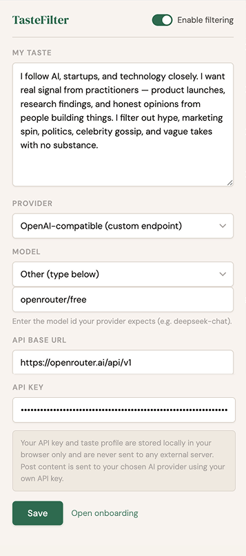 Complete TasteFilter settings, including taste profile, provider, masked API key, Save and Open onboarding.