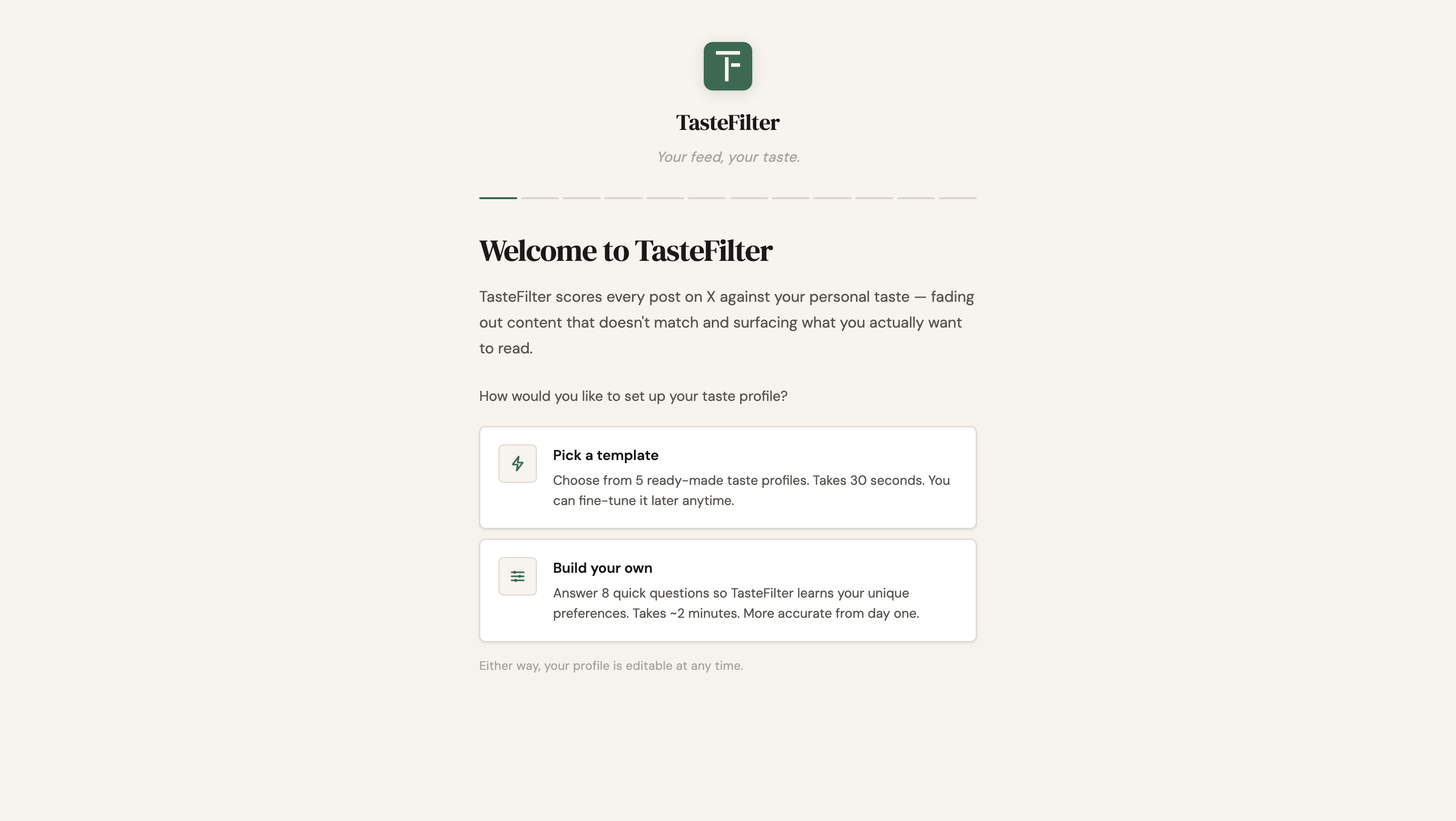 Desktop TasteFilter welcome screen: choose a template or build your own profile.